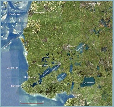 A map of southwestern Friesland showing the lakes around Gaastmeer, where our sktsje Nieuwe Zorg was built in 1908.