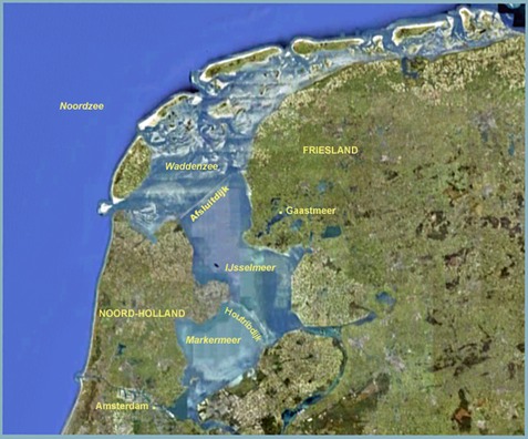 Map showing the Waddenzee, the IJsselmeer and the Markermeer, after the division and subdivision of the Zuiderzee, and showing Gaastmeer, Friesland where Nieuwe Zorg was built.
