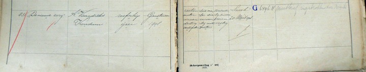 De Nieuwe Zorg's first registration entry in the Sneek ledgers in 1909 detailing her 1908 build in Gaastmeer for Age Vaandriks.